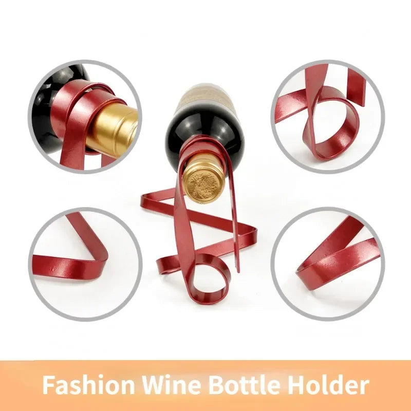 Floating Ribbon Wine Holder – Iron Bottle Display Stand for Stylish Table Décor