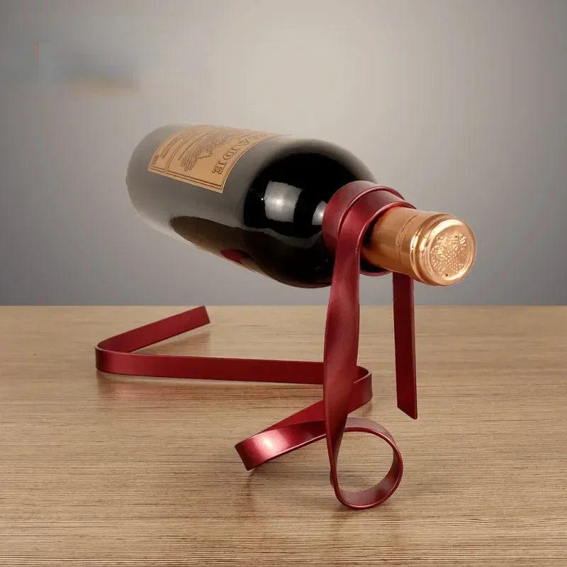 Floating Ribbon Wine Holder – Iron Bottle Display Stand for Stylish Table Décor