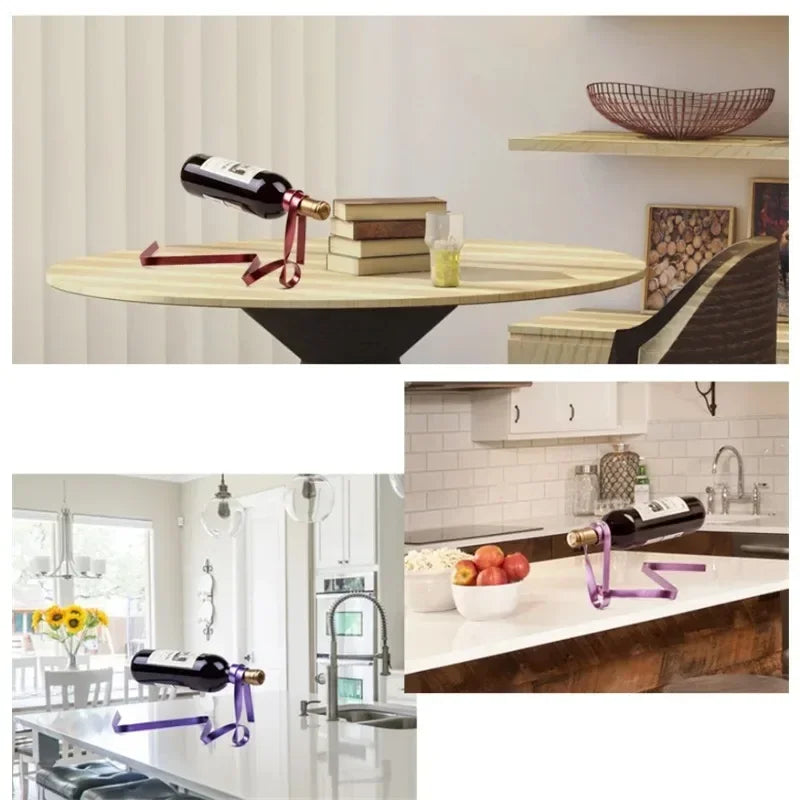 Floating Ribbon Wine Holder – Iron Bottle Display Stand for Stylish Table Décor